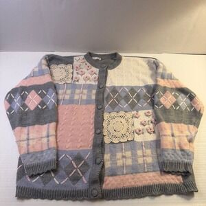 VTG Hand Embroidered Patchwork Cardigan Sweater Women's Crochet Chunky Floral